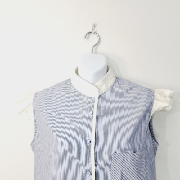 Harvey Faircloth‎ Seersucker Stripe Ruffle Cap Sleeve Button Front Top - Picture 3 of 10